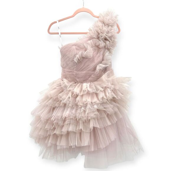 Mac Duggal NEW Tulle‎ Ruffle One Shoulder Mini Dress Pastel Mauve $698 - Size 2 - Picture 2 of 15
